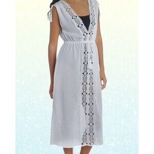 "La Blanca" Women's White Midi V-Neck Gauze & Crochet Cover-Up Dress Size L